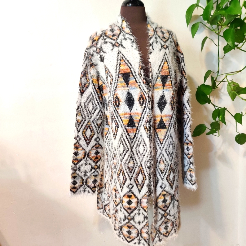 Absolutely Famous Aztec Southwestern Sweater Plush Long Cardigan L